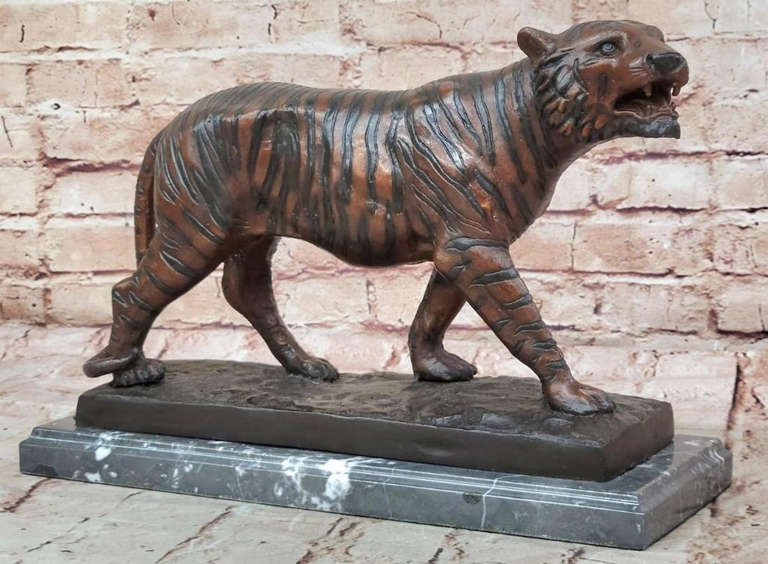 Fierce Tiger" Bronze Sculpture – Wildlife Statue on Marble Base – 10" x 14: "Fierce Tiger" Bronze Sculpture – Wildlife Statue on Marble Base – 10" x 14" This signed bronze sculpture by Marius captures the raw power and elegance of a tiger in lifelike detai