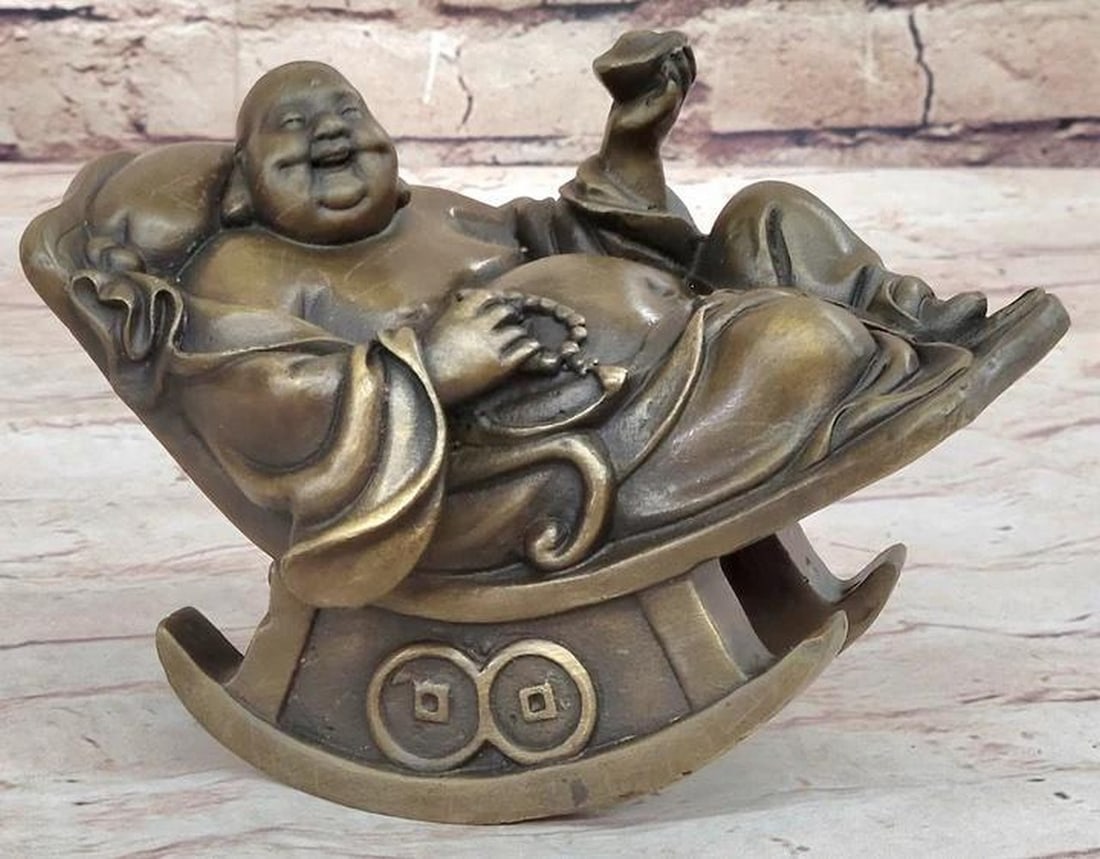 Harmony in Laughter Original Bronze Art Sculpture Jolly Buddha on Rocking Chair - 4" x 6": Harmony in Laughter Original Bronze Art Sculpture Jolly Buddha on Rocking Chair - 4" x 6" Invite boundless positivity and luck into your space with our captivating Laughing Buddha statue on a