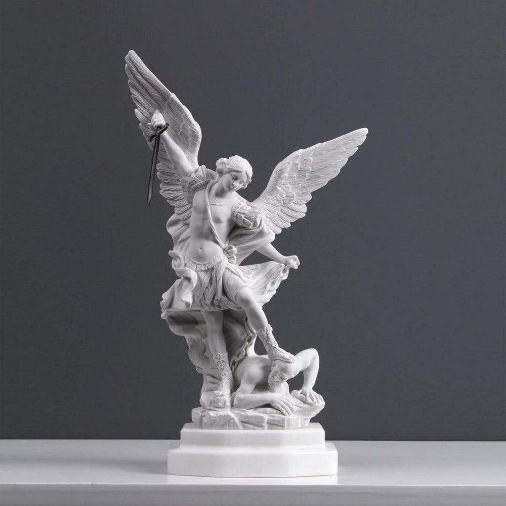 Saint Michael Archangel Triumphing Over Satan Statue - (3.3lbs): Saint Michael Archangel Triumphing Over Satan Statue - (3.3lbs) Evoke the eternal struggle between good and evil with our "Eternal Valor: Saint Michael Archangel Triumphing Over Satan Statue,"