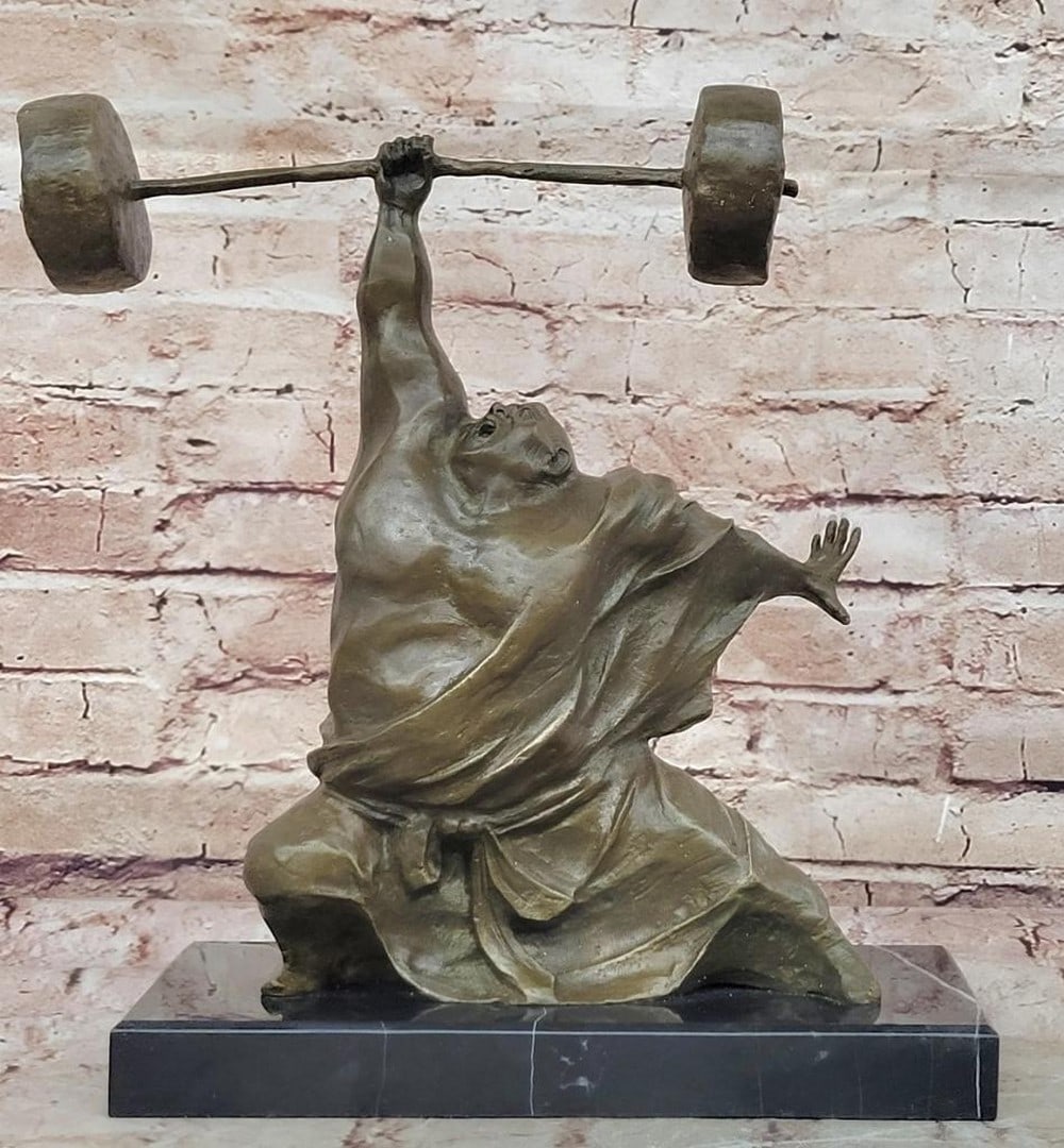 Original Milo Weightlifter Bronze Sculpture – 13" x 12": Original Milo Weightlifter Bronze Sculpture – 13" x 12" This striking bronze sculpture captures the strength, balance, and energy of a weightlifter in motion. Handcrafted using the tradition