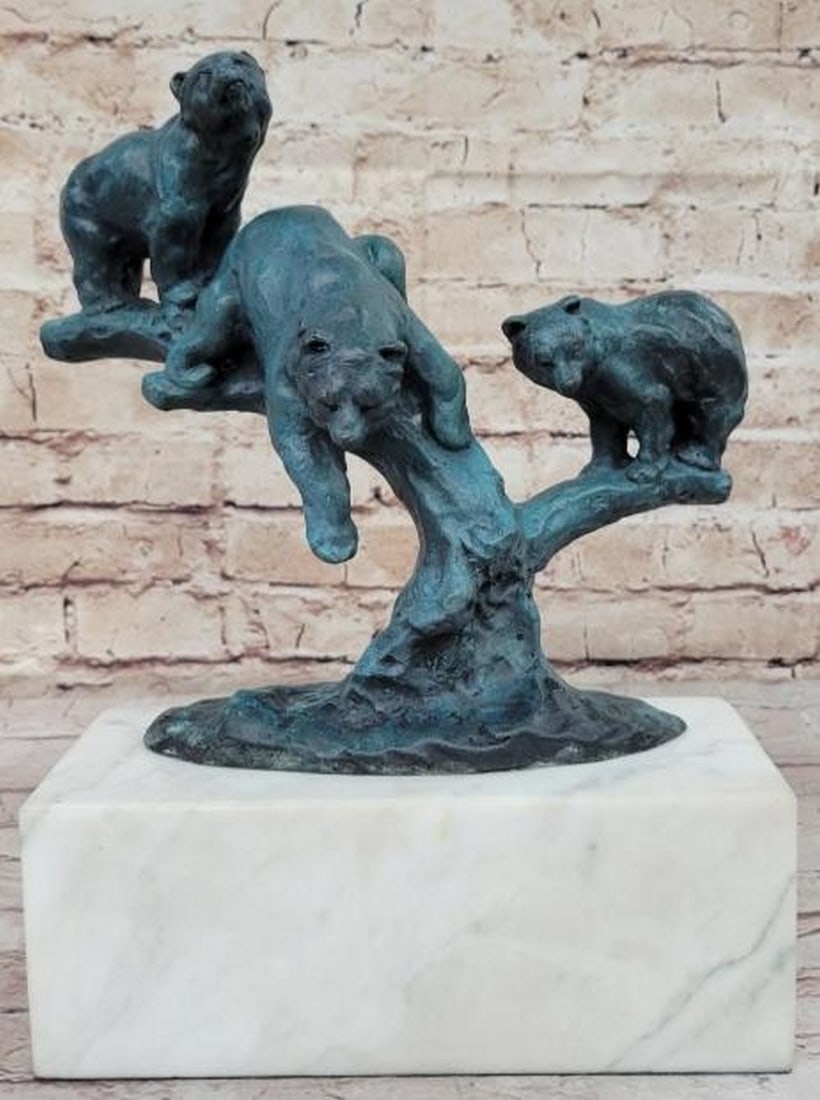 Family of Bears on Tree Branch Bronze Sculpture with Blue Patina: Family of Bears on Tree Branch Bronze Sculpture with Blue Patina Radiating warmth and wilderness charm, this captivating bronze sculpture, bearing the signature of artist Miguel Lopez, known as Milo,