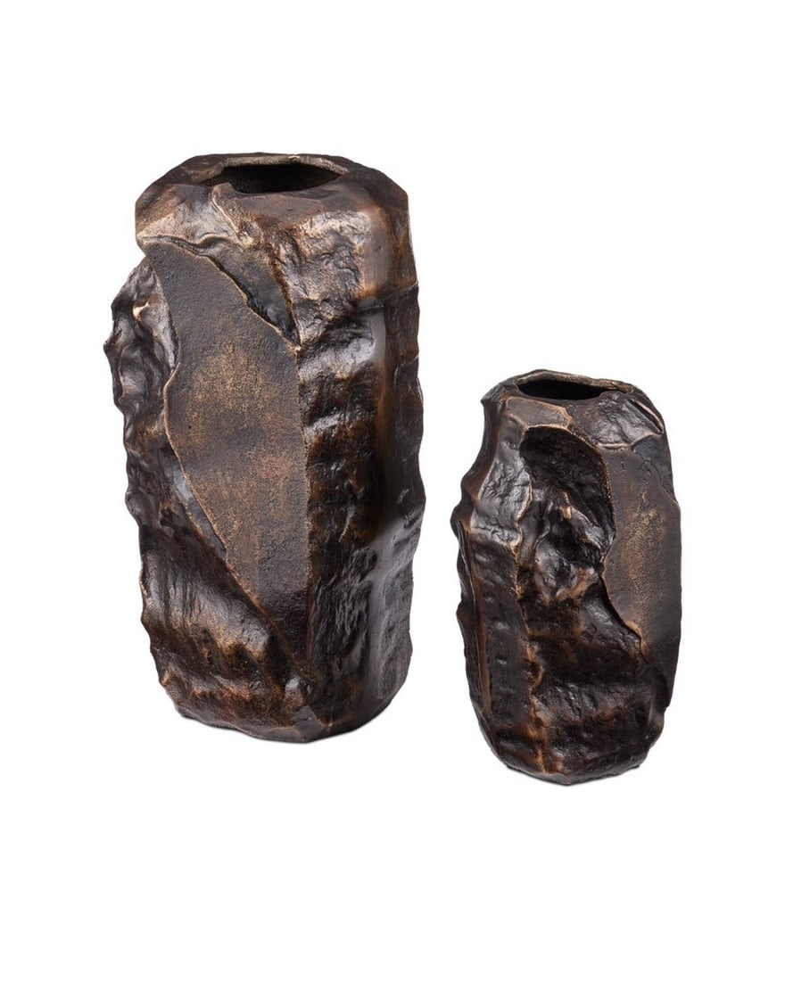 Set of 2 Scorched Bronze Vases, Carmelo Collection: Set of 2 Scorched Bronze Vases, Carmelo Collection Embodying a bold Brutalist sensibility, the Carmelo Vase Set features two cast aluminum vessels in a scorched bronze finish that radiates a warm gl