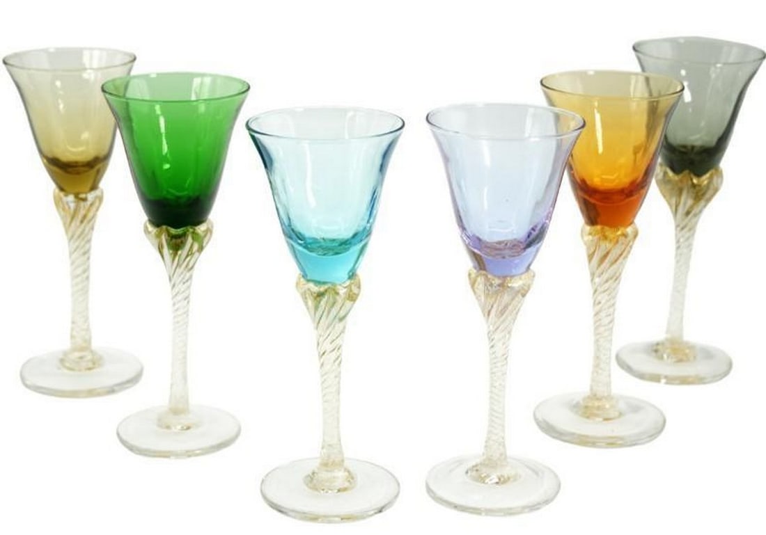 Murano Rainbow Glasses-Set of Six: Murano Rainbow Glasses-Set of Six Handcrafted on the island of Murano, this set of six drinking glasses showcases a vibrant array of colors and traditional glassmaking artistry. Each flute