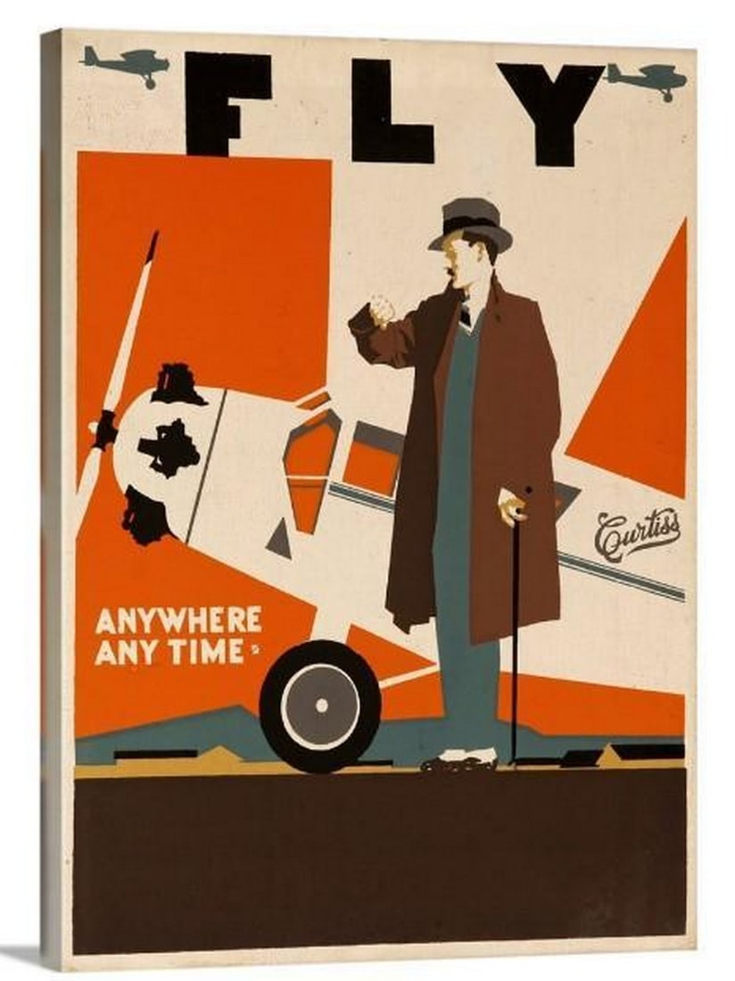 Fly Anywhere Anytime Vintage Travel Poster Stretched Canvas Print (1 of 1)