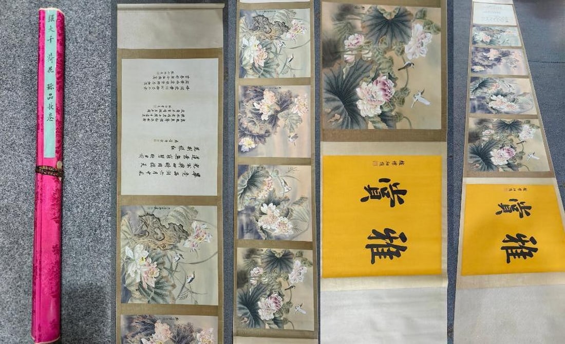 Inspired By Zhang Daqian Lotus Pond with Birds and Flowers Scroll: Inspired By Zhang Daqian Lotus Pond with Birds and Flowers Scroll A captivating hand-rolled paper painting inspired by Zhang Daqian, featuring a serene lotus pond with birds and flowers. The delicate