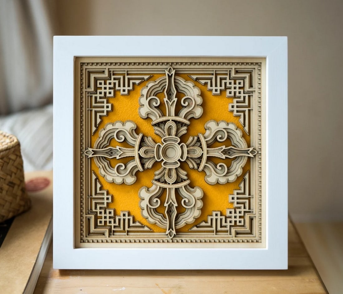 Cross Vajra Multi-layer Laser Cut Wood Carving: Cross Vajra Multi-layer Laser Cut Wood Carving This multi-layered wood art brings elegance and a distinctive charm to your home. Designed with intricate patterns, it offers depth and visual appeal. P