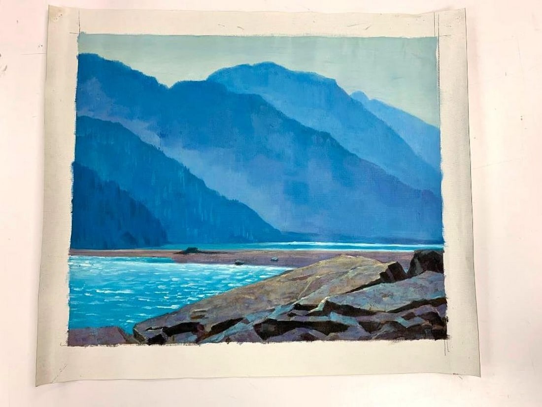 20" x 23 3/4" - Original Acrylic On Canvas Of Bear River At Stewart, British Columbia: 20" x 23 3/4" - Original Acrylic On Canvas Of Bear River At Stewart, British Columbia - After - ALAN CASWELL COLLIER, O.S.A., R.C.A. (1911-1990) Offering Up For Auction A Beatiful Original Of