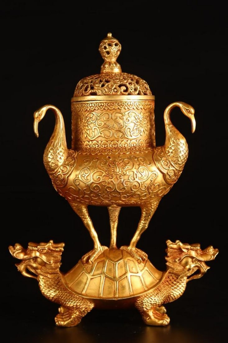 Antique Gilt Bronze Dragon Turtle Incense Burner with Cranes, 1625g (1 of 9)