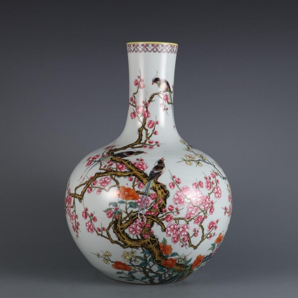 Inspired Qing Yongzheng Famille Rose Tianqiu Vase with Flower and Bird Motif and Inscription (1 of 9)