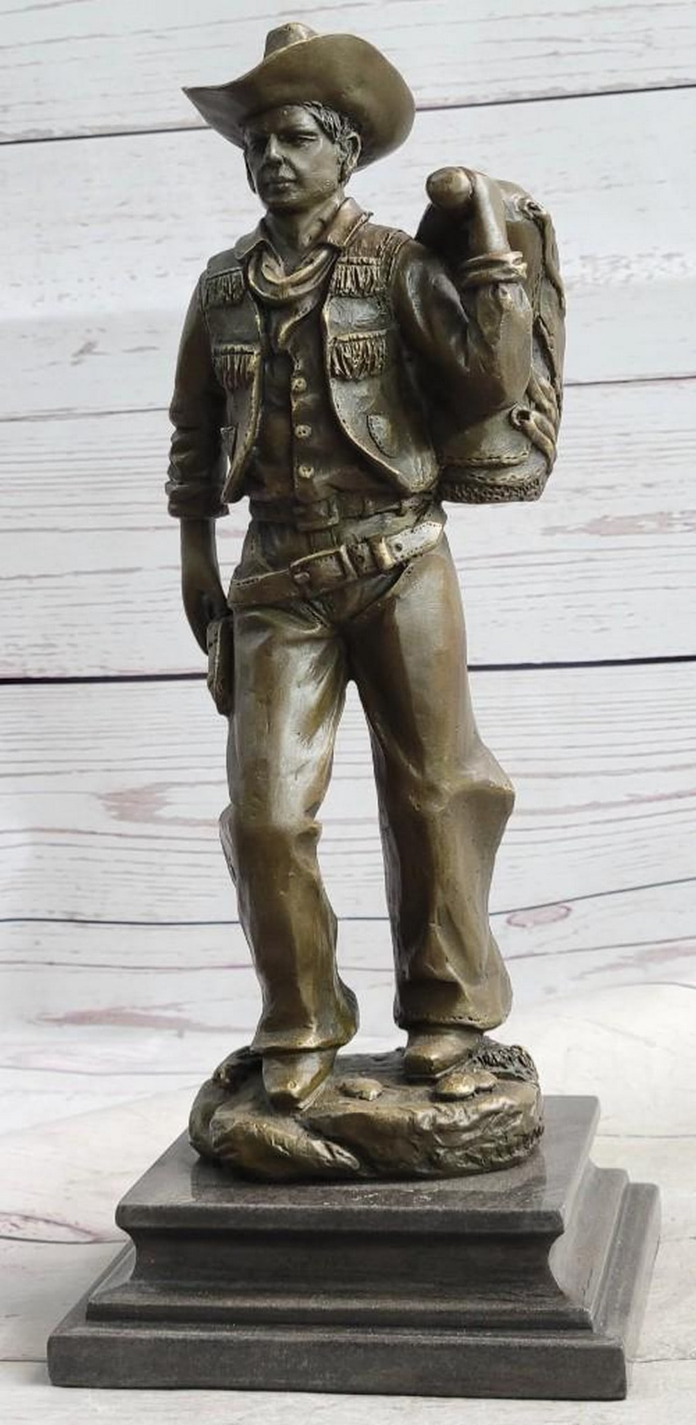 Signed Original Western Cowboy in Chaps Carrying Horse Saddle Bronze Sculpture - 12.5" x 4.5" (1 of 9)
