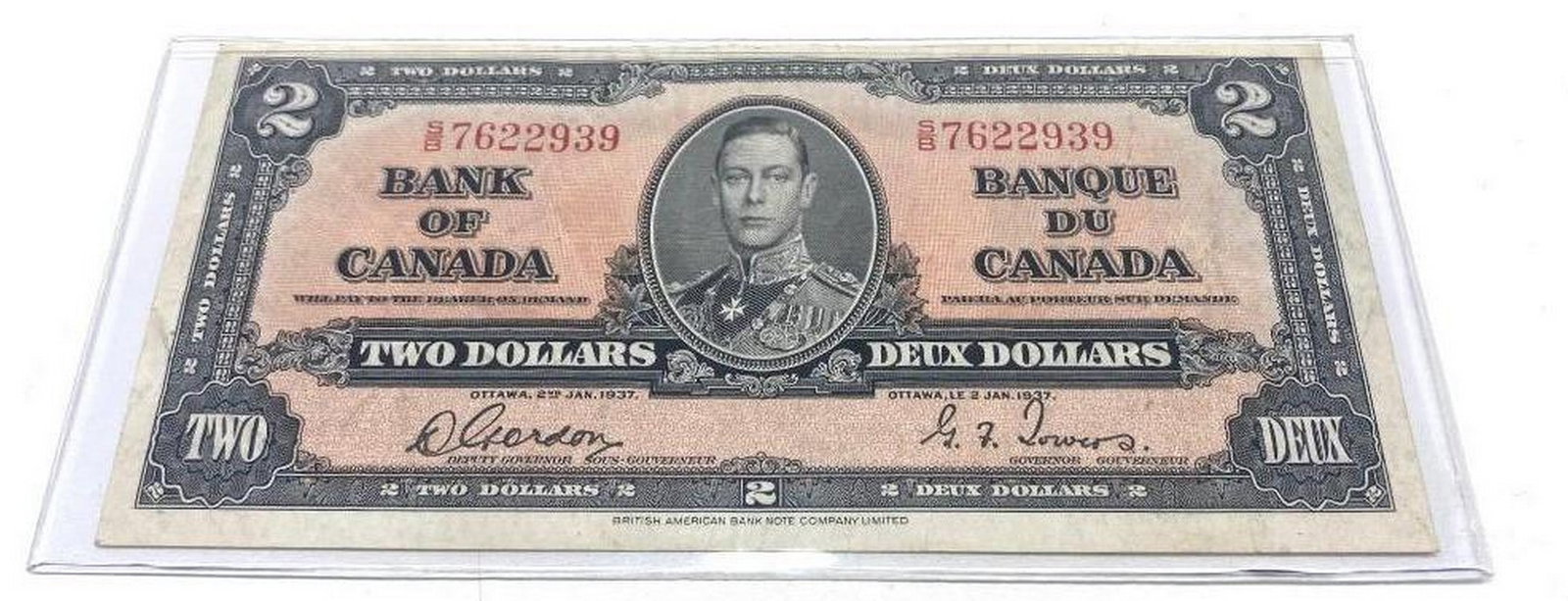 Rare 1937 Bank Of Canada $2 Bank Note - S/B 7622939 - D. Gordon & Towers (1 of 2)