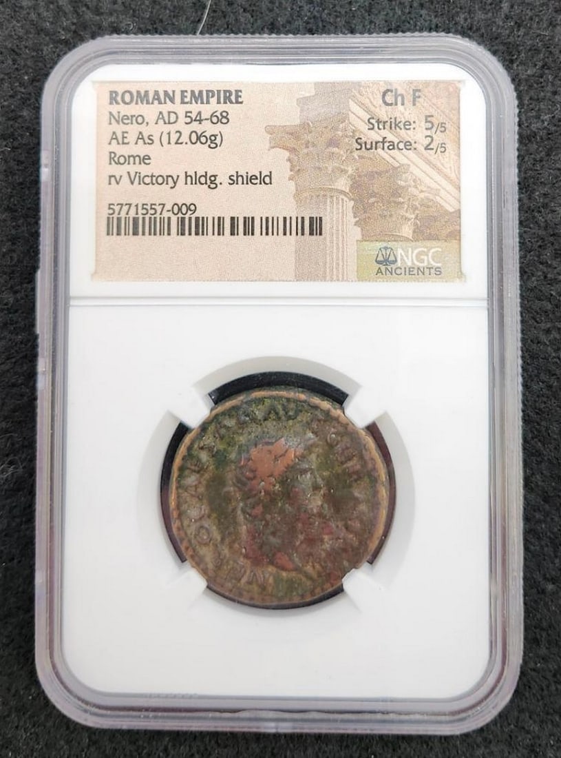 Nero, 54-68 AD Ancient Roman Coin: Roman Empire Nero, AD 54-68 AE As (12.06g) Rome rv Victory Hidg. Shield Grade: Ch F Strike: 5/5 Surface: 2/5