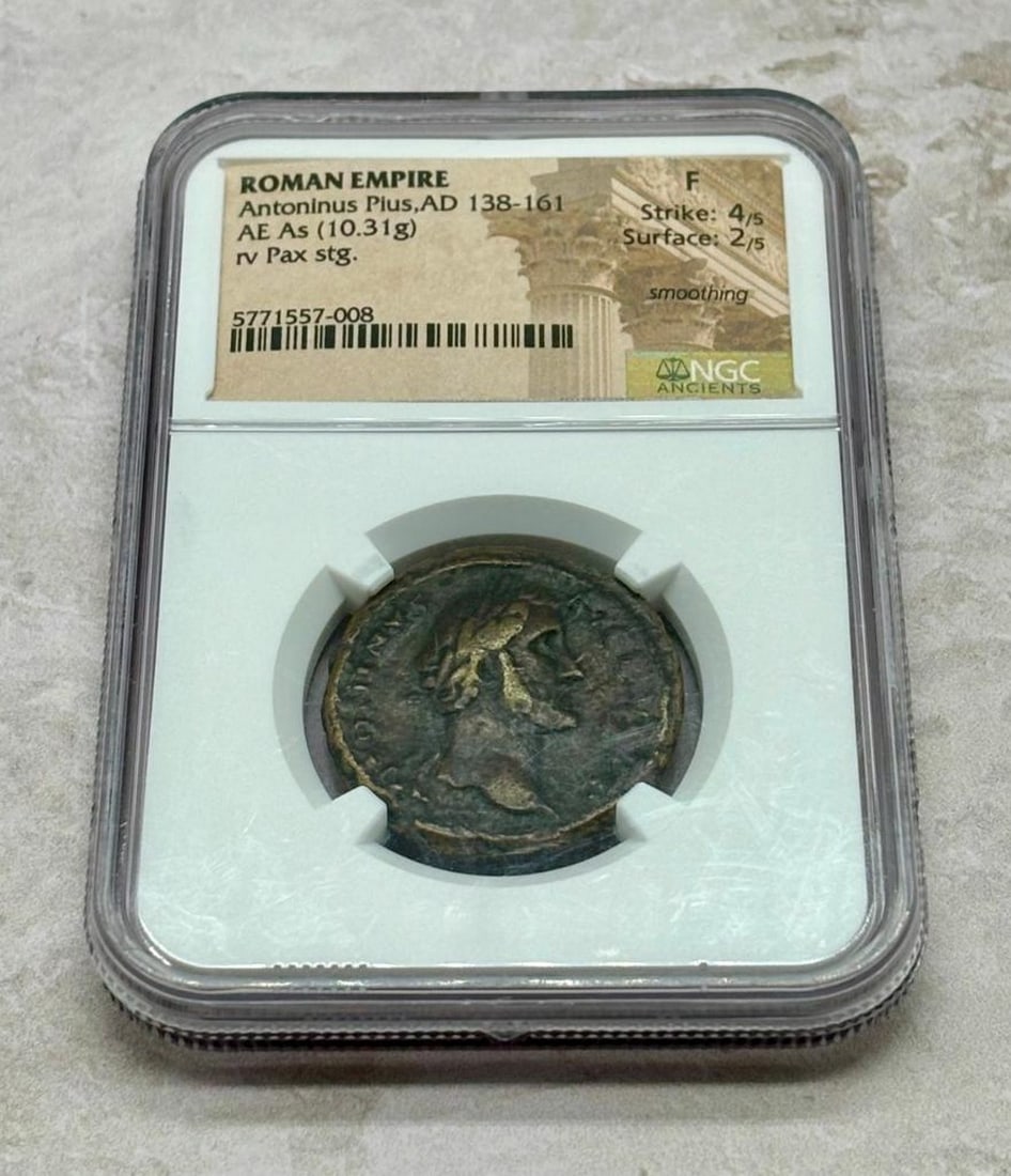 Antoninus 138-161 AD Ancient Roman Coin: Roman Empire Antonius Plus, AD 138-161 AE As (10.31G) rv Pax stg. Grade: F Strike: 4/5 Surface: 2/5