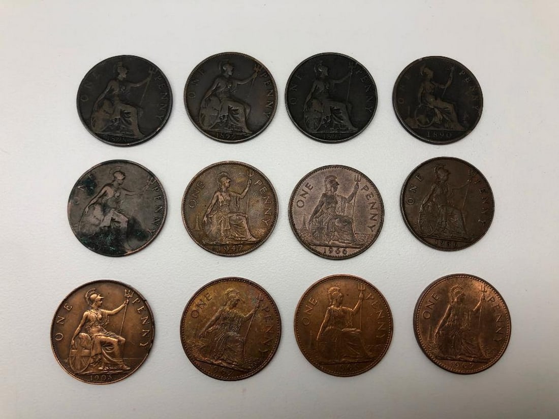Lot Of 12 1880-1967 United Kingdom One Penny Coins (1 of 2)