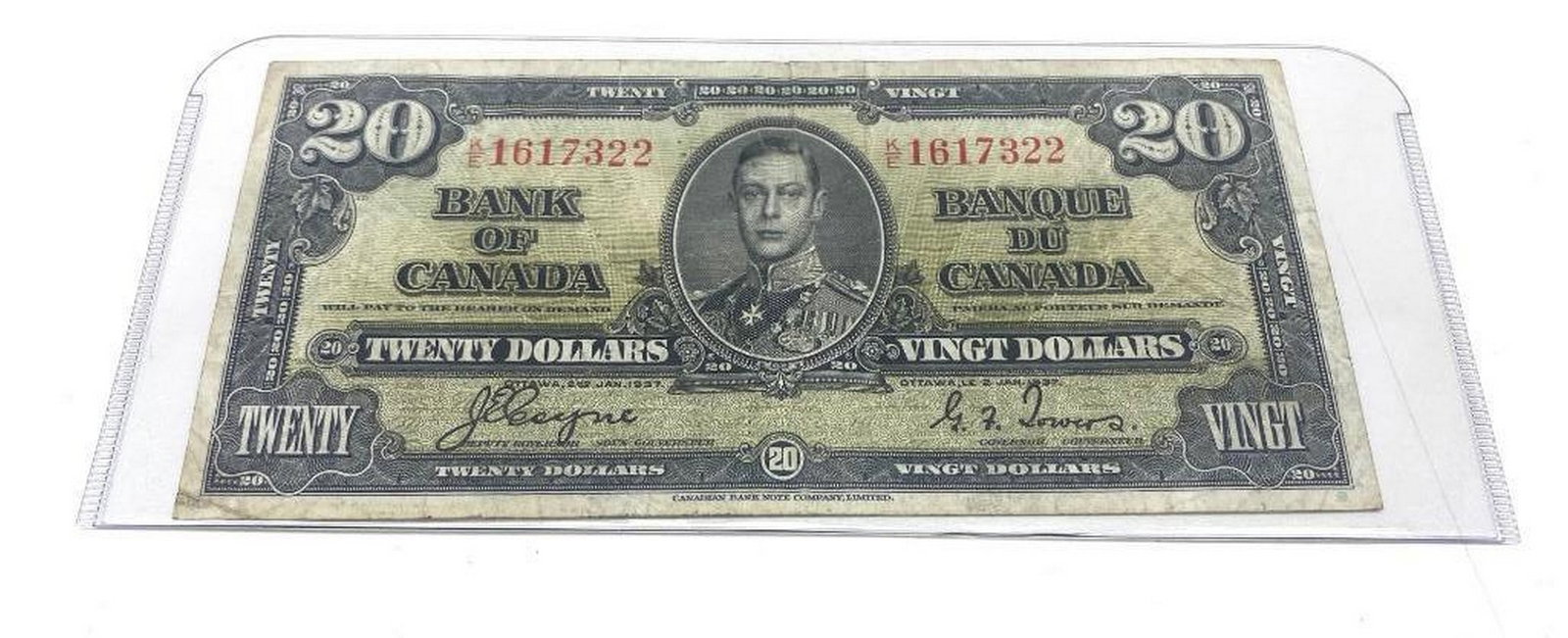 1937 BANK OF CANADA $20 BANK NOTE - K/E 1617322 - COYNE & TOWERS (1 of 2)