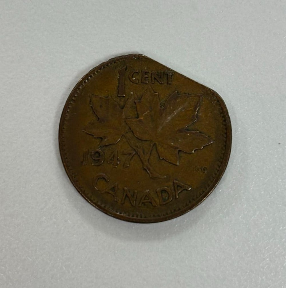 1947 Canadian One Cent W Clipping Error (1 of 2)