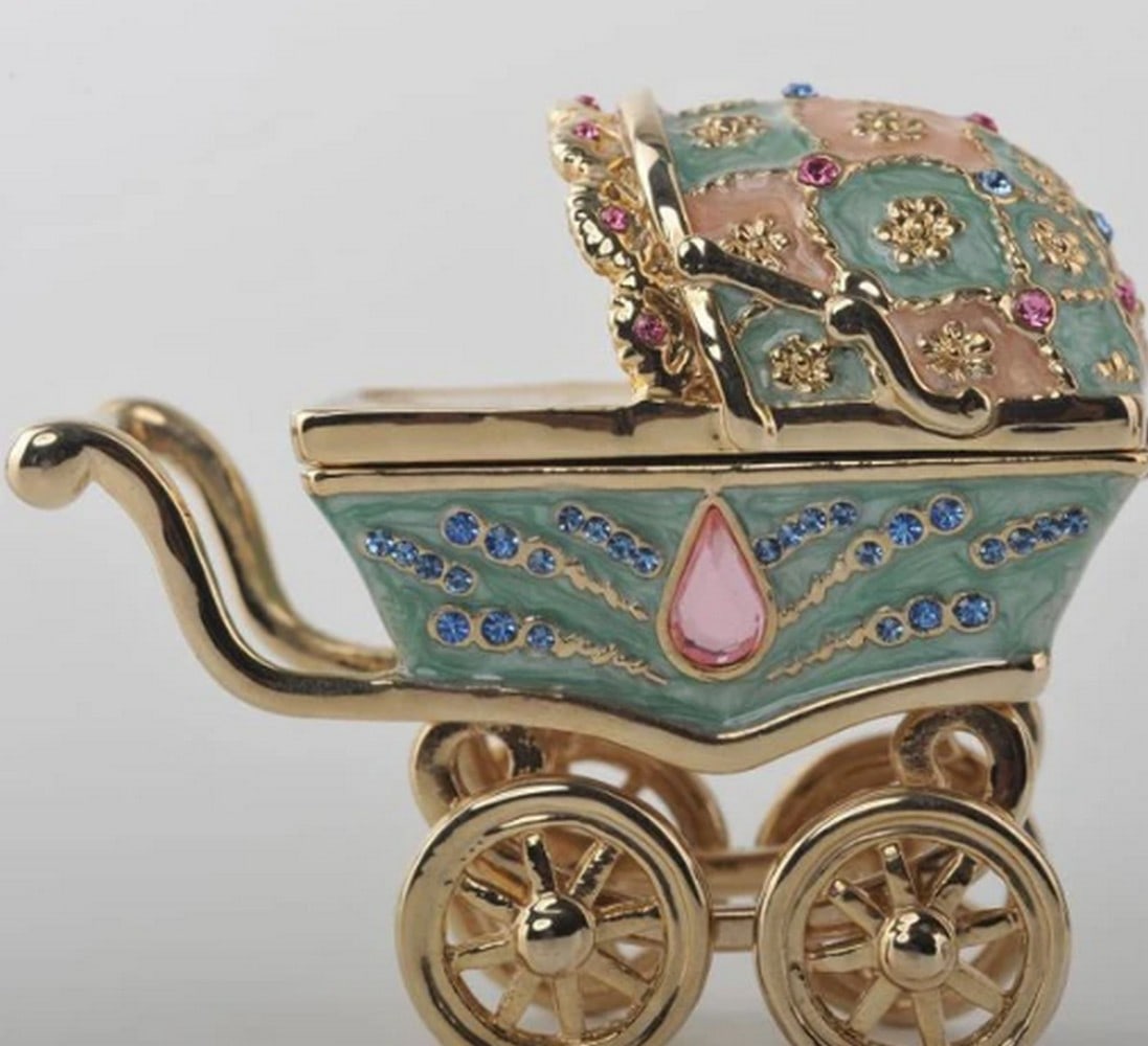 Vintage Pastel Baby Carriage Trinket Box: Vintage Pastel Baby Carriage Trinket Box This enamel-painted trinket box, decorated with Austrian crystals, is plated in either 24K gold or 925 silver. Each crystal is handpicked and artistically arr