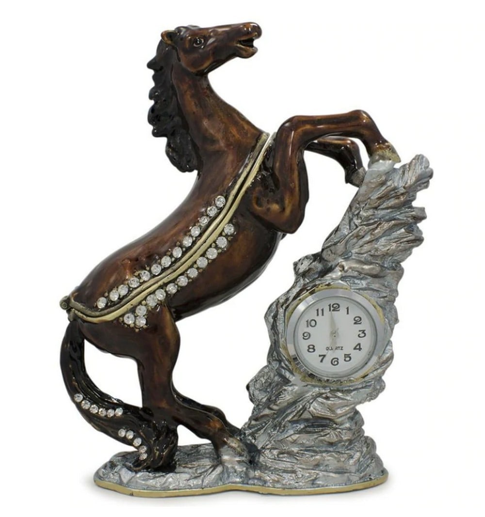 Jeweled Noble Horse with Clock Trinket Box Figurine: Jeweled Noble Horse with Clock Trinket Box Figurine Dimensions: 4.5 Inches Tall Pewter, Crystals, and Enamel Battery Operated Clock Gift Boxed View Photos For Further Details.