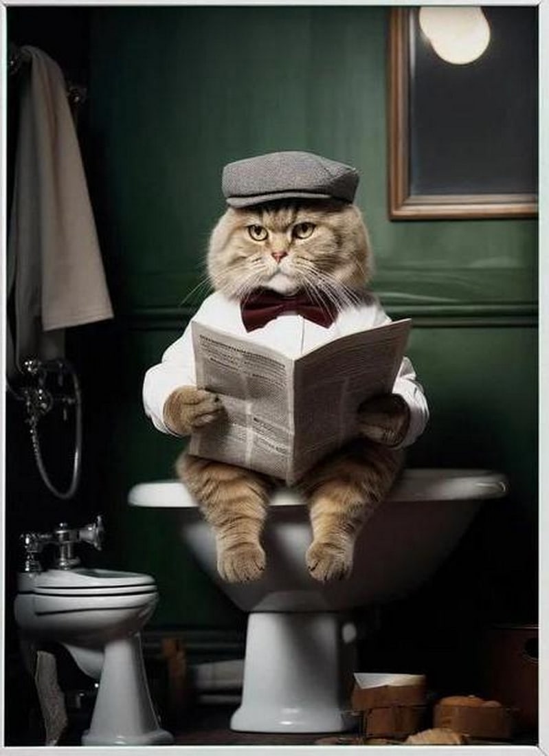 Feline News: The Purr-fect Read: Feline News: The Purr-fect Read A delightful artwork featuring a sophisticated cat perched on the toilet, engrossed in a newspaper. This charming piece captures the essence of feline curiosity and hum