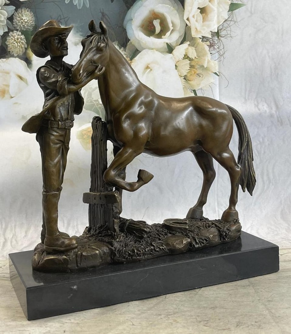 Cowboy Rancher Tending Horse Bronze Statue Sculpture Figure Western Decor 11" x 12": The Trusted Companions in this sculpture, a cowboy and his horse, are eager and ready to ride the trail together. this bronze figures are standing on rocky soil with a lucky Horseshoe . Cowboy has cha