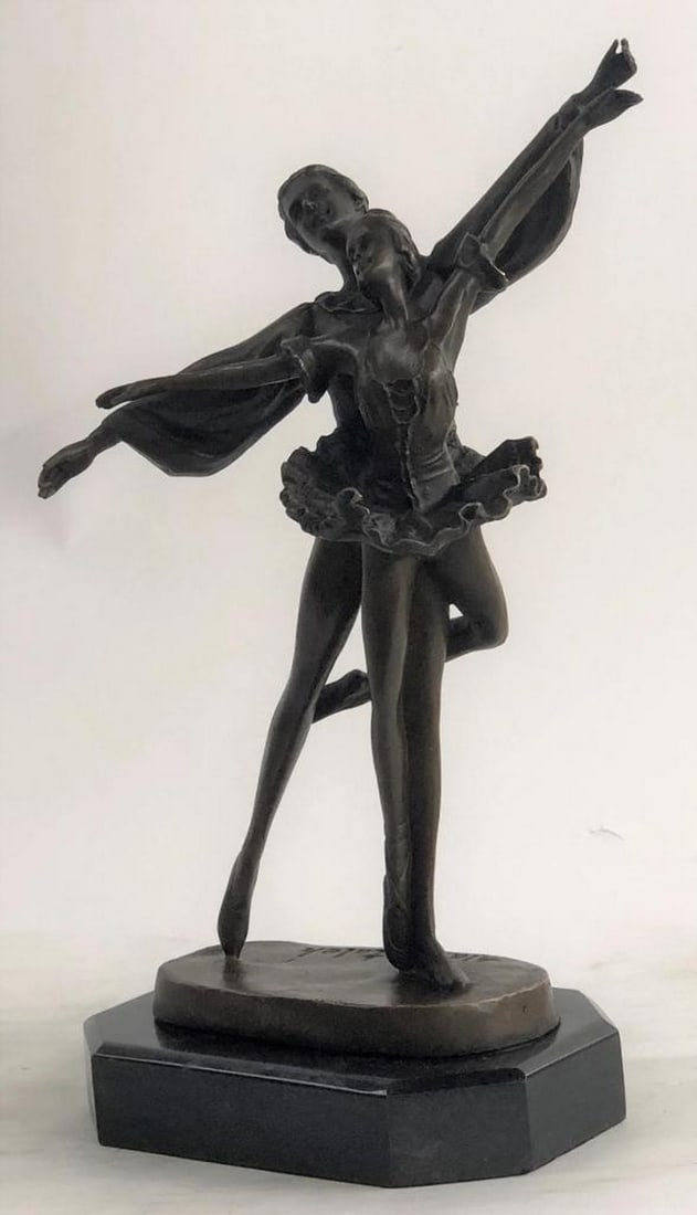 Original Two Beautiful Ballerina Dancers Bronze Sculpture On Marble Base Signed By Artist - 7lbs: The bronze ballerina stands balancing all of her gentle weight on her partners, while he supports her on his right leg. She daintily masters her attitude en pointe dance pose as her left leg curves ba