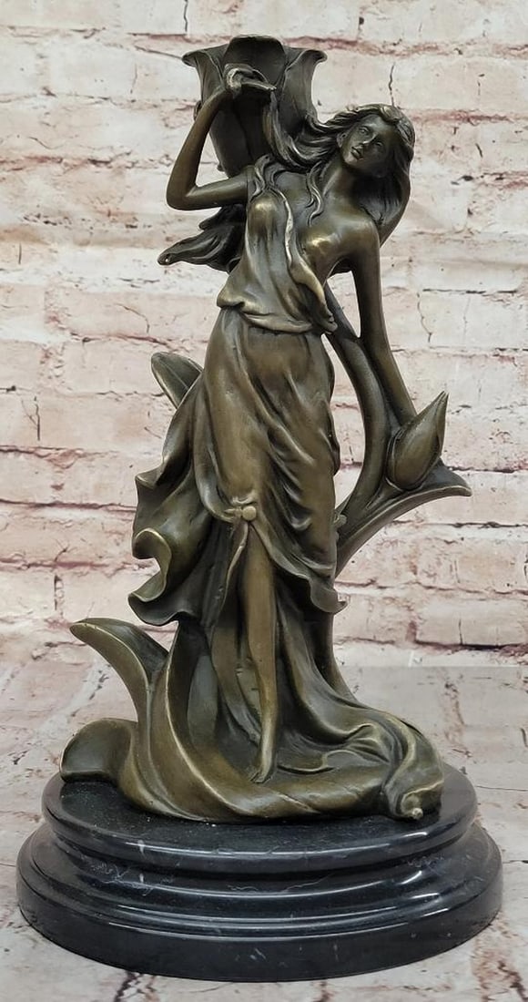 Nymph Standing Under Lily Original Bronze Statue - 13" x 8" (1 of 6)