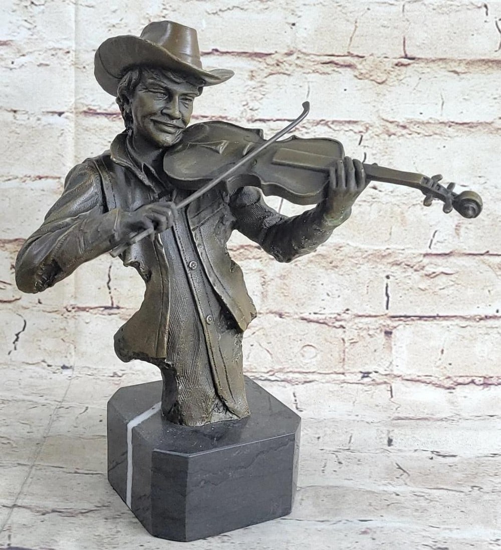 Cowboy Playing Violin Fiddle Music Bronze Sculpture Marble Statue Figurine (1 of 6)