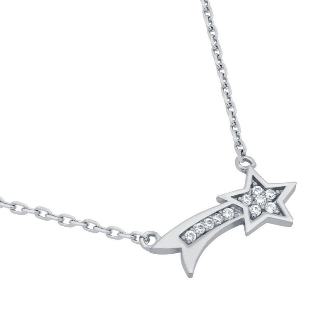 16" + 2" Rhodium-Plated Shooting Star CZ 925 Sterling Silver Necklace: 16" + 2" Rhodium-Plated Shooting Star CZ 925 Sterling Silver Necklace Our CZ shooting star necklace features a 16" chain with a 2" extension, crafted from 925 Sterling Silver with