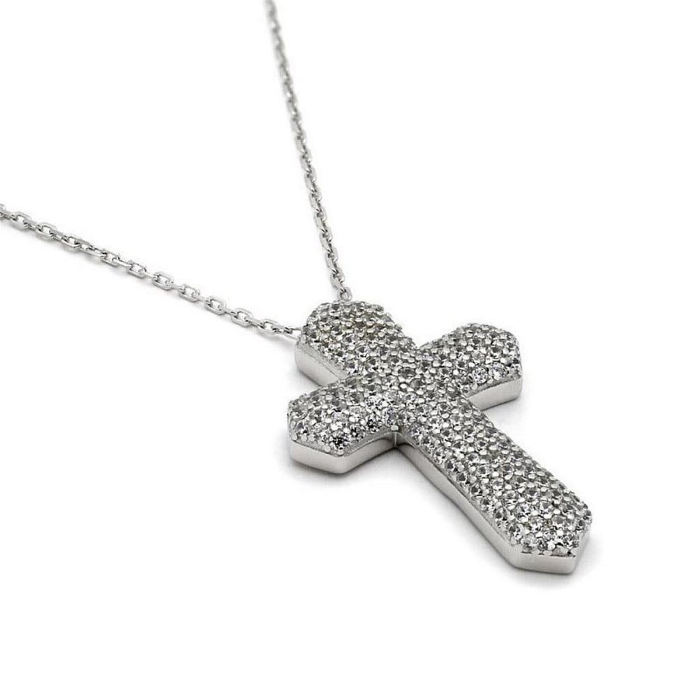 18"+2" Rhodium-Plated CZ Micro Pave Cross Necklace with Adjustable Chain: 18"+2" Rhodium-Plated CZ Micro Pave Cross Necklace with Adjustable Chain Elevate your style with our exquisite 925 Sterling Silver Rhodium-Plated CZ Micro Pave Cross Necklace. Crafted wit