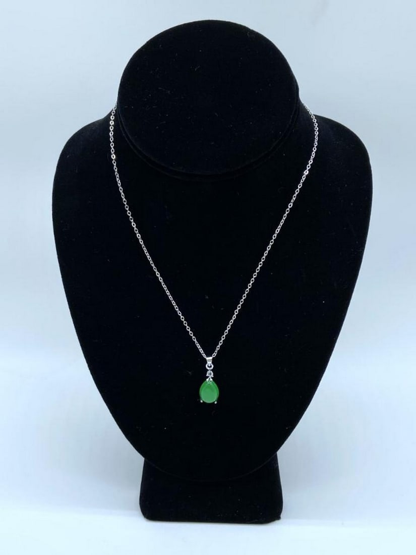 Chinese Green Jade Tear Drop Pendant On 925 Necklace: Chinese Green Jade Tear Drop Pendant On 925 Necklace View Photos for Further Details.