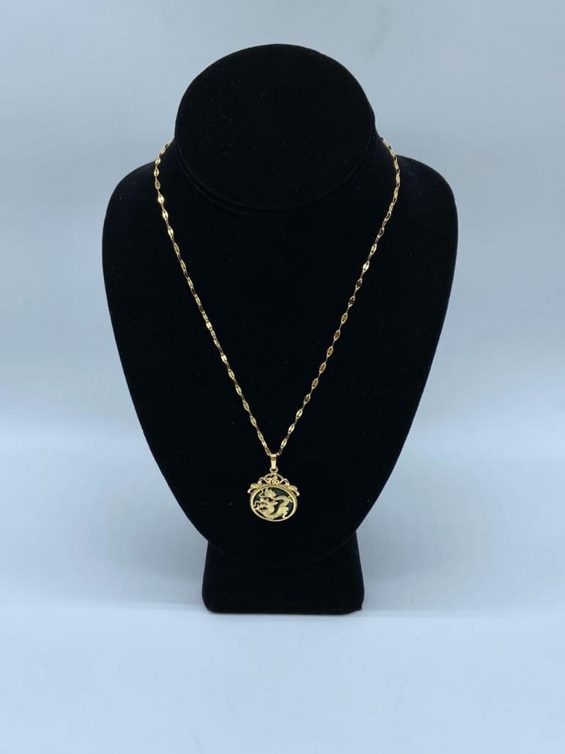Chinese Carved Green Jade In Gold Dragon Mount Necklace: Chinese Carved Green Jade In Gold Dragon Mount Necklace View Photos for Further Details.