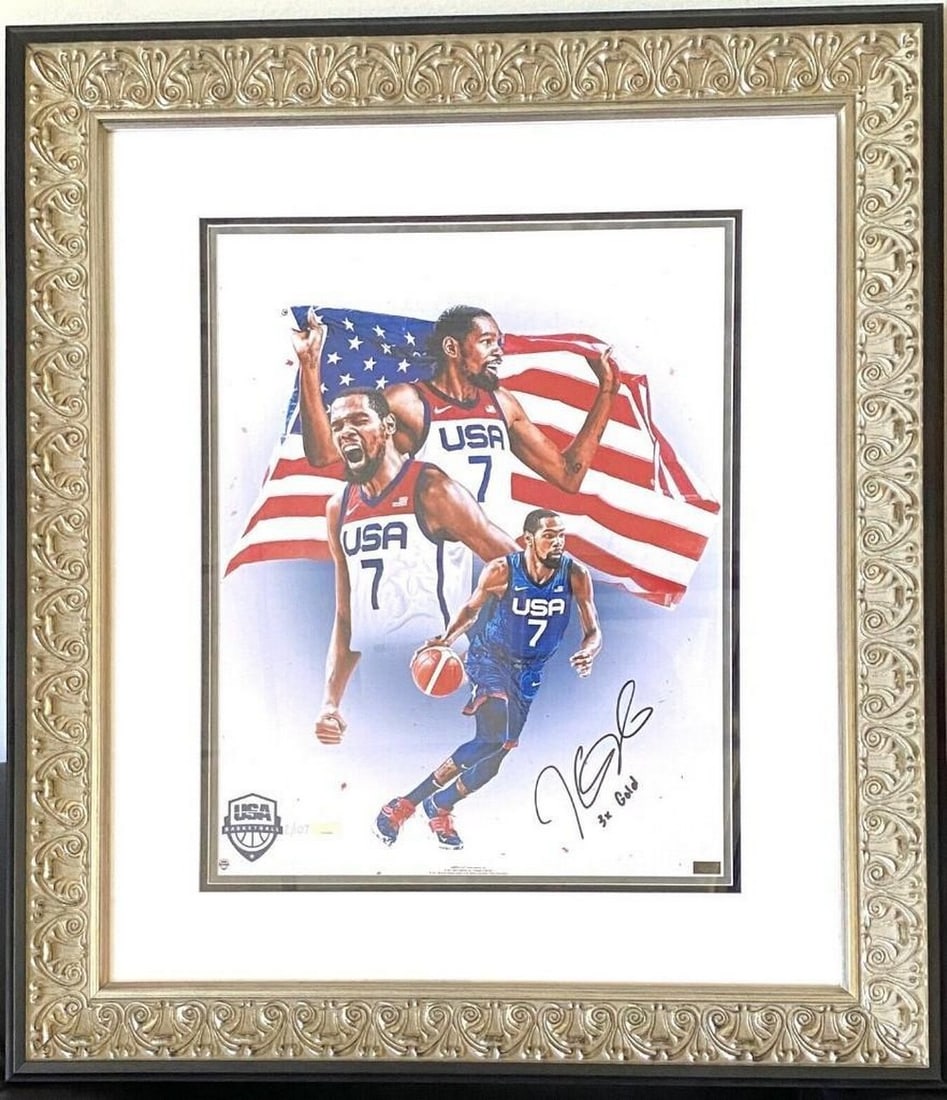 Authentic Panini Kevin Durant "Team USA x 3" Custom Framed LE Autograph *2/107*: Authentic Panini Kevin Durant "Team USA x 3" Custom Framed LE Autograph *2/107* Custom designed 31" Inches x 25.5" Inches Kevin Durant Limited Edition "Team USA GOLD x 3"