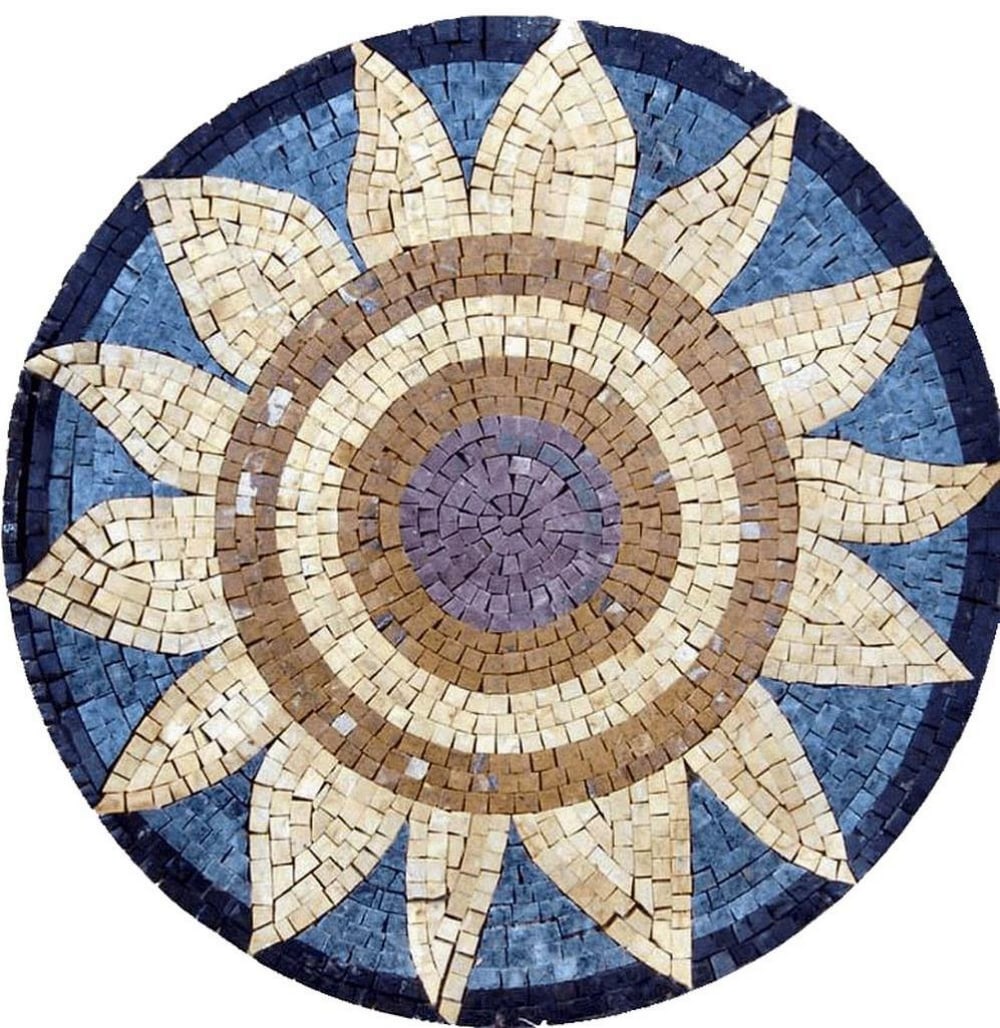 Sunflower Mosaic Tile Art: Sunflower Mosaic Tile Art A handcrafted mosaic made from natural stone, featuring a vibrant sunflower design set against a tranquil background. The piece highlights carefully arranged tiles that