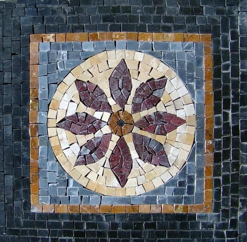 Rose Geometric Mosaic Mandala: Rose Geometric Mosaic Mandala A marble mosaic featuring a detailed floral mandala design in soft natural hues. Handcrafted from natural stone, this piece showcases intricate geometric and floral