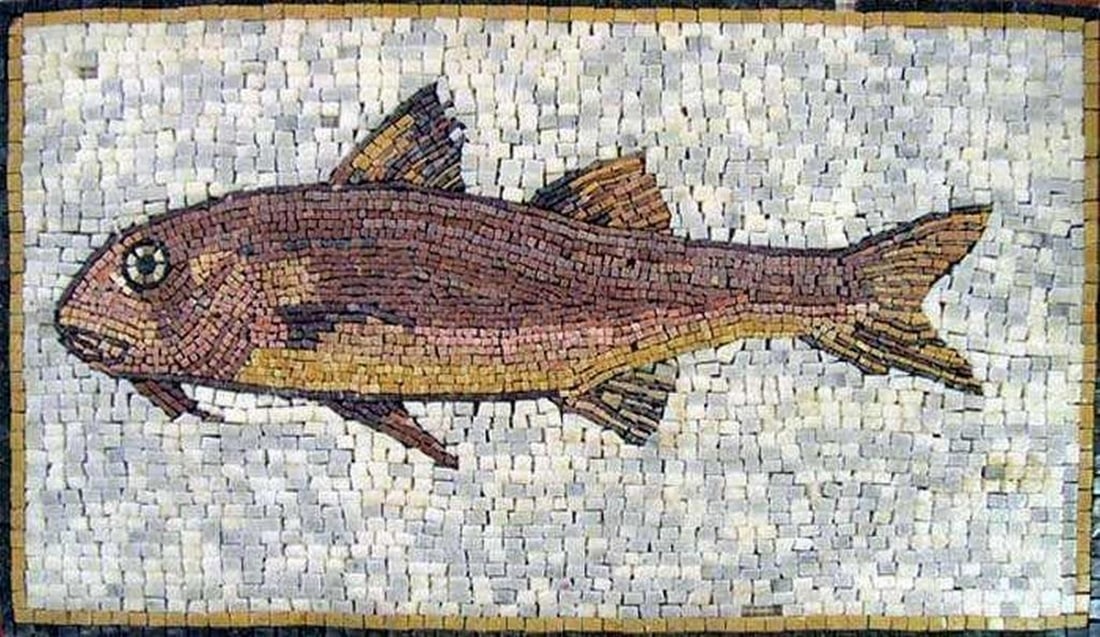 Ocean Harmony Fish Mosaic Wall Art: Ocean Harmony Fish Mosaic Wall Art A handcrafted marble mosaic depicting a stylized fish in warm brown tones with yellow accents on the tail. Made from natural stones, this piece highlights the textur