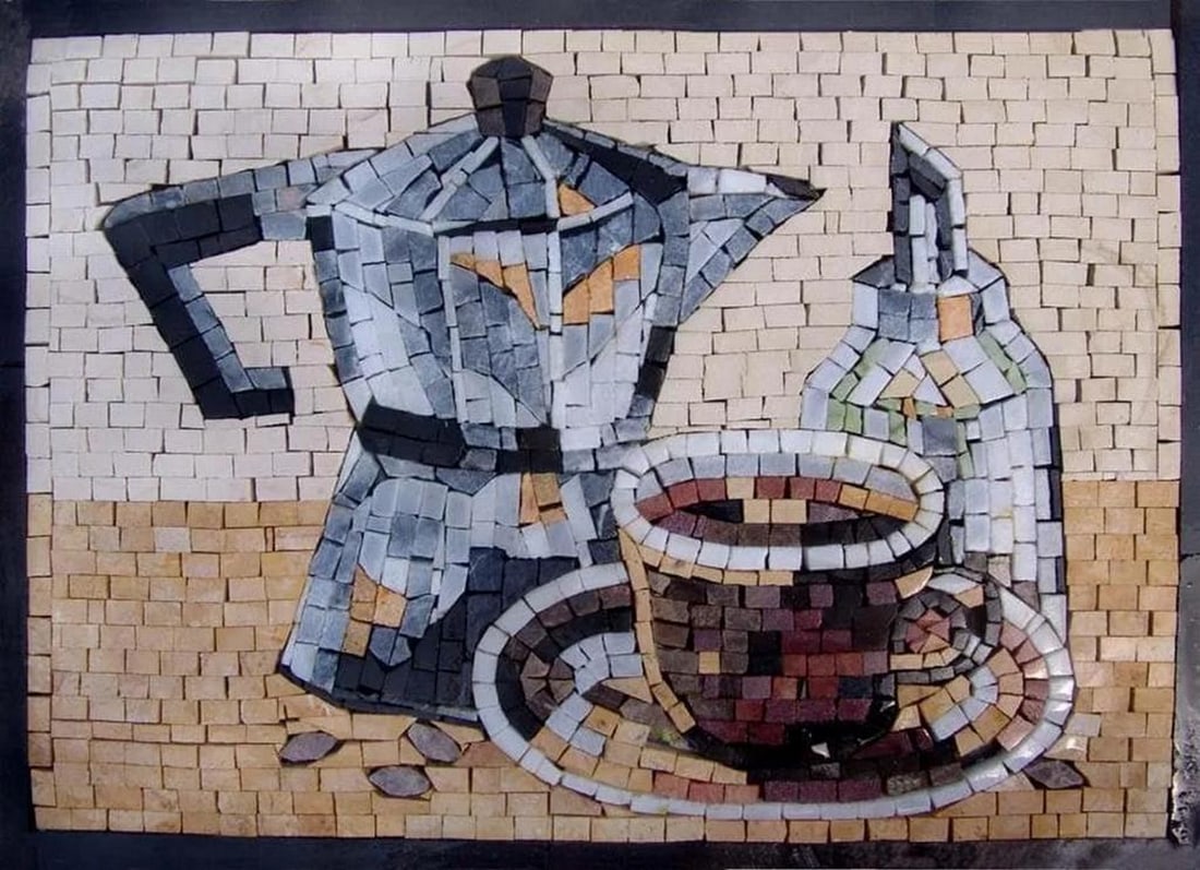 Moka Pot Coffee Mosaic: Moka Pot Coffee Mosaic A handcrafted mosaic artwork made from natural stone. The design features a classic Moka pot with a bottle of cream, capturing the essence of a simple coffee ritual. Carefully