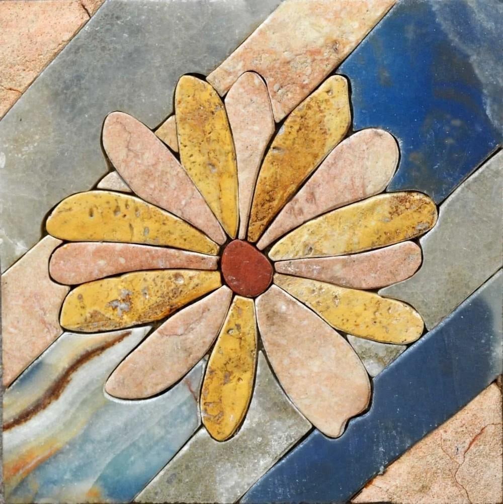 Floral Harmony Mosaic: Floral Harmony Mosaic A handcrafted mosaic artwork made from natural stone. The design features daisies set against a contrasting background, created with carefully cut and arranged stone tiles.