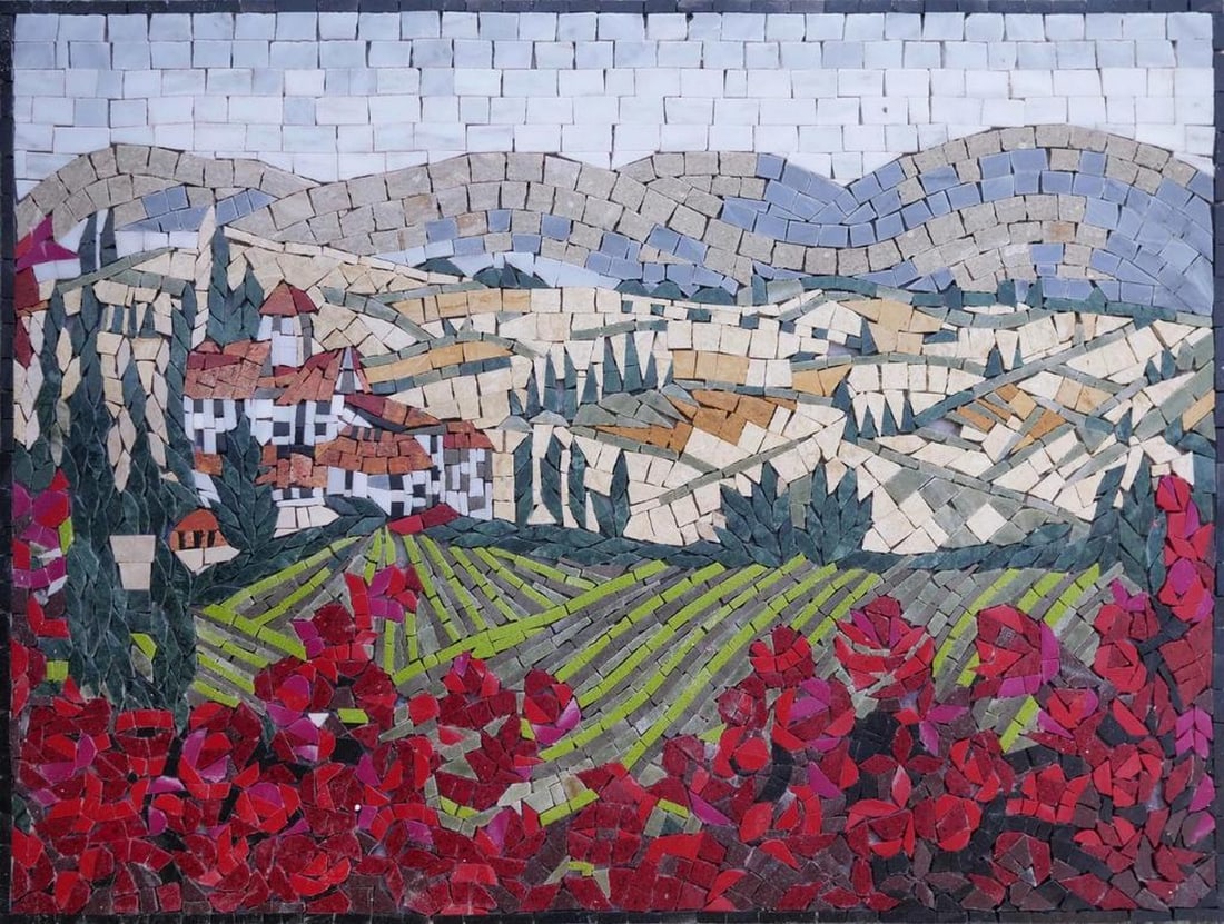 Tuscan Ville Mosaic Art Piece: Tuscan Ville Mosaic Art Piece A handcrafted mosaic design made from natural stone. The piece showcases intricate patterns created by carefully cutting and arranging individual stone tiles, resulting