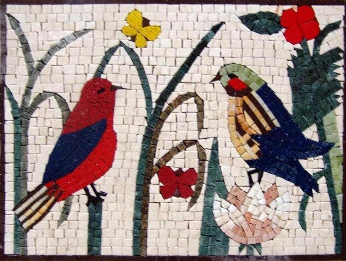 Love Birds Mosaic: Love Birds Mosaic A handcrafted marble mosaic featuring two birds set against a detailed and vibrant backdrop. Made from natural stones, this piece emphasizes texture and color, capturing the essence
