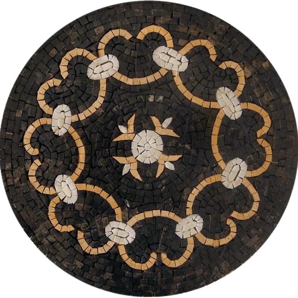 Infinity Round Geometric Mosaic: Infinity Round Geometric Mosaic A round marble mosaic featuring a linked heart geometric design in brown and ivory tones. Handcrafted from natural stone, each piece is unique and may have slight