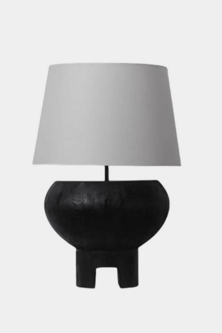 Contemporary Vessel-Form Table Lamp: Contemporary Vessel-Form Table Lamp Bold and artful, this handcrafted table lamp features a rounded, pot-like base with short sculptural legs, finished in matte black with a central brown accent