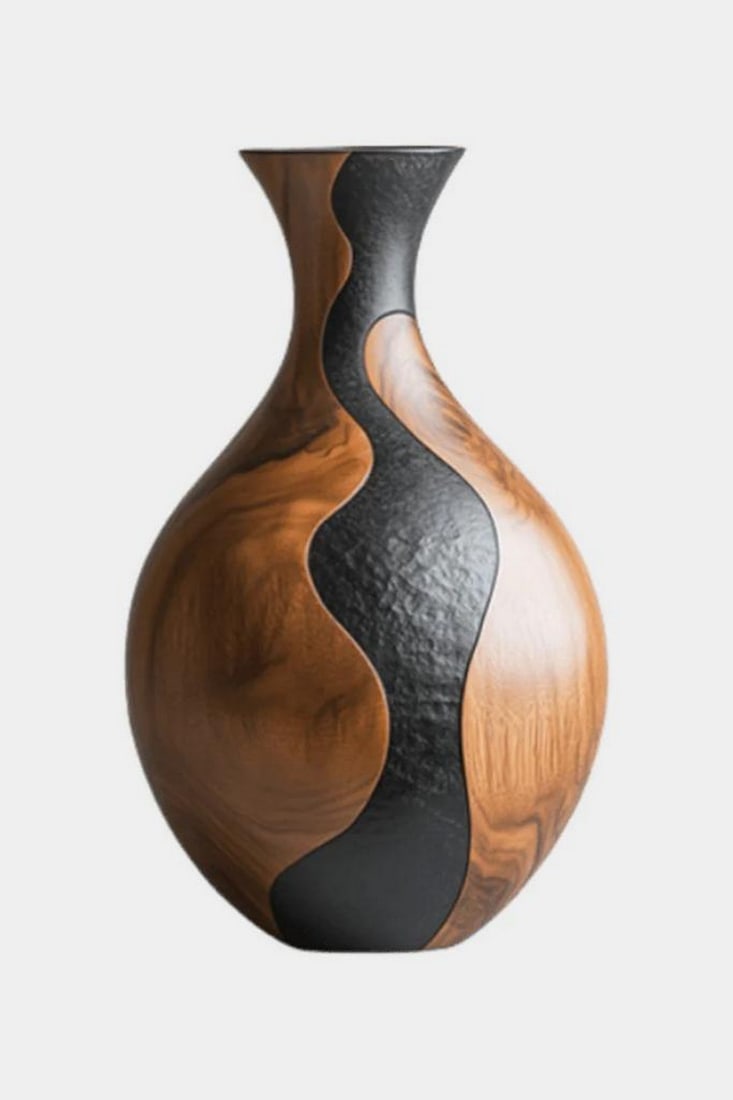 “Waveform?? – Contemporary Wooden Vase: “Waveform” – Contemporary Wooden Vase A harmonious blend of texture and movement, this sculptural vase features a bulbous body that tapers into a slender neck and flared rim. The polished wo