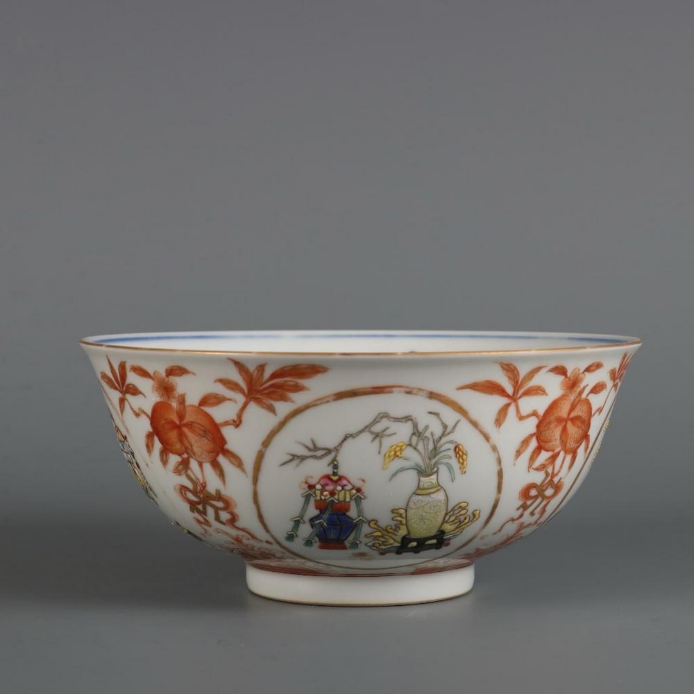 Qing Dynasty Daoguang Famille Rose Gilded Grain Harvest Inner Blue and White Flowers Bowl (1 of 9)