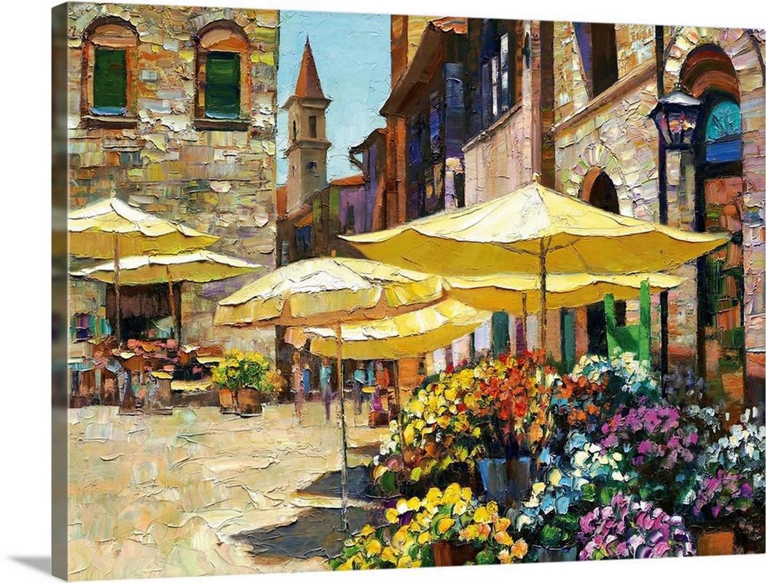 Siena Flower Market Canvas Reproduction by Howard Behrens: Siena Flower Market Canvas Reproduction by Howard Behrens “Siena Flower Market” captures the lively atmosphere of an Italian market overflowing with colorful flowers, set against the warm