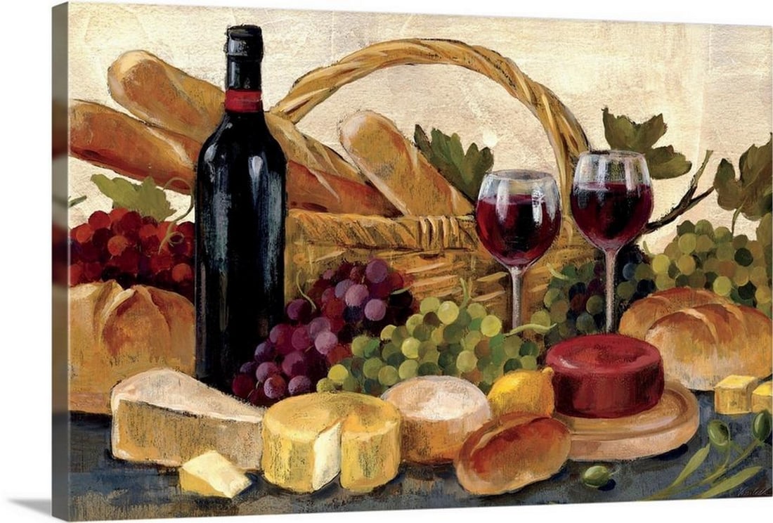 Tuscan Evening Wine – Stretched Canvas Print by Silvia Vassileva: Tuscan Evening Wine – Stretched Canvas Print by Silvia Vassileva Tuscan Evening Wine by Silvia Vassileva is a stretched canvas print featuring a still life composition of bread, cheese, wine, and