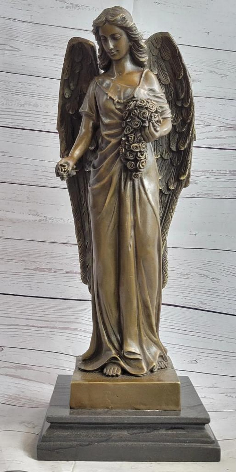 A. Moreau's Inspired Bronze Sculpture of an Angel in the Heavens Graced with a Flower - 18.5" x 7": A. Moreau's Inspired Bronze Sculpture of an Angel in the Heavens Graced with a Flower - 18.5" x 7" Every intricate detail in these bronze masterpieces reflects true artistry, capturing nua