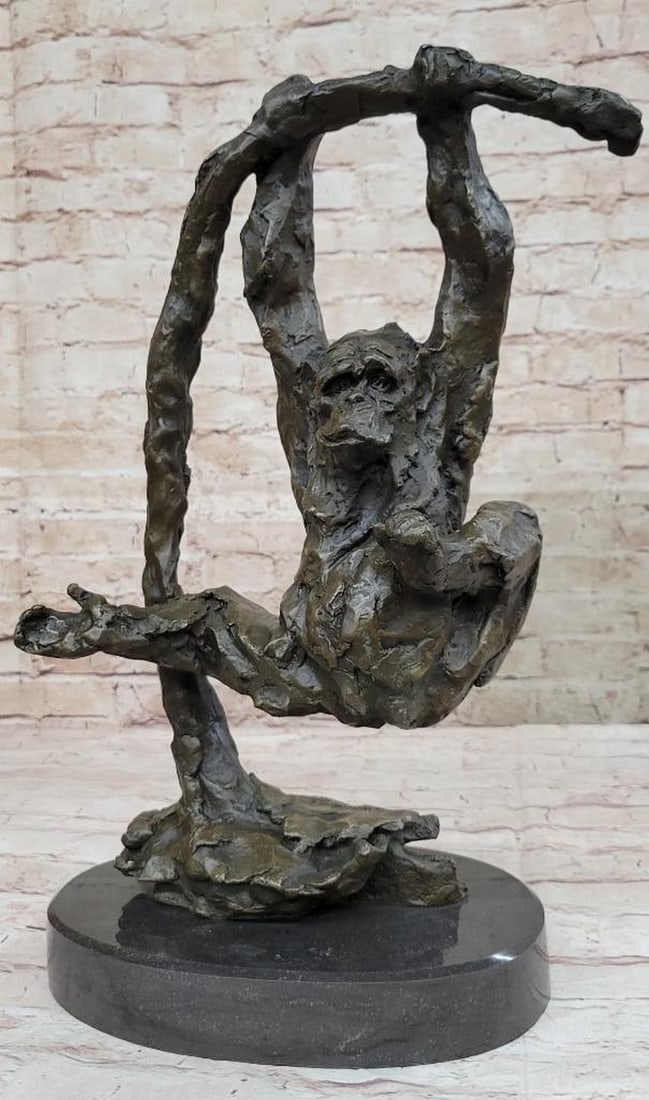 C. Williams Original Playful Swinging Chimpanzee Bronze Sculpture - 18" x 10": C. Williams Original Playful Swinging Chimpanzee Bronze Sculpture - 18" x 10" Embrace the playful spirit of nature with this captivating solid bronze sculpture titled "Chimpanzee Monkey