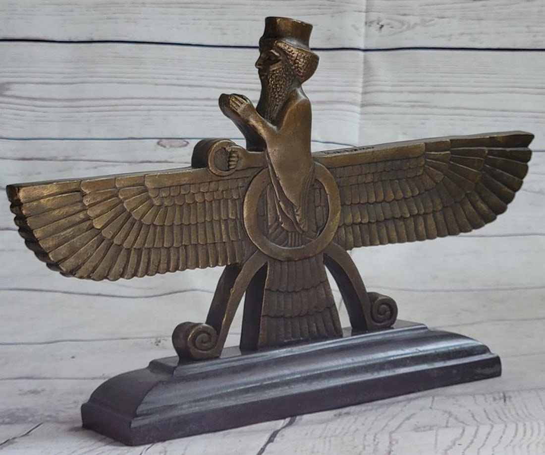 Ancient Persia Faravahar Zoroastrian Achaemenid Bronze Sculpture - 8" x 11": Ancient Persia Faravahar Zoroastrian Achaemenid Bronze Sculpture - 8" x 11" Step into ancient Persia with our exquisite replica of the Faravahar, meticulously crafted to capture every detail o