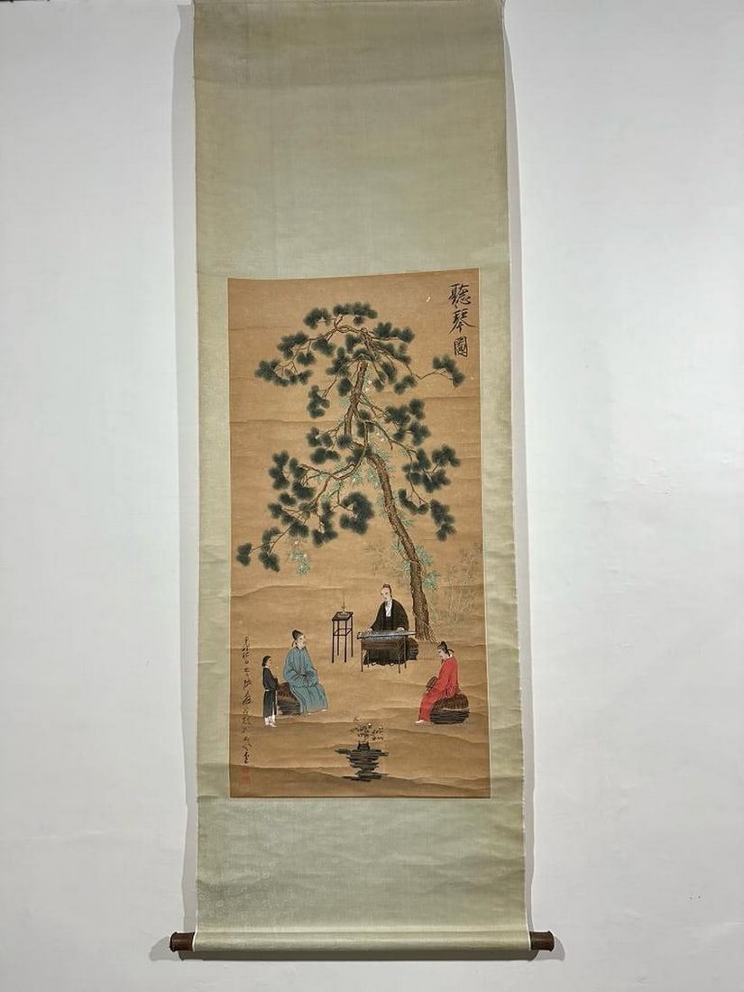 Scholars Beneath the Pine Inspired Scroll Painting by Zhang Daqian: Scholars Beneath the Pine Inspired Scroll Painting by Zhang Daqian This contemplative handpainted paper scroll, inspired by the literati style of Zhang Daqian, depicts a serene gathering of robed figu