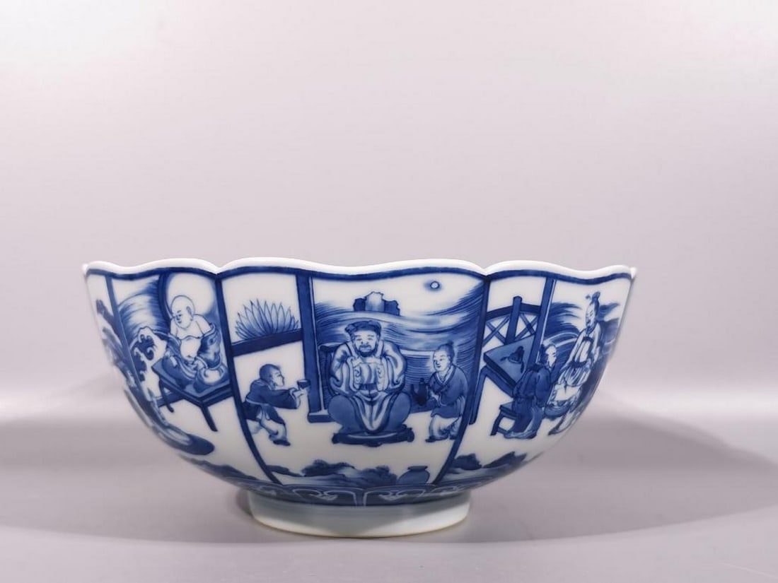 Qing Dynasty Kangxi Blue and White Window Character Story Picture Bowl: Qing Dynasty Kangxi Blue and White Window Character Story Picture Bowl A finely crafted porcelain bowl from the Kangxi period of the Qing Dynasty, decorated in classic blue and white underglaze. The e